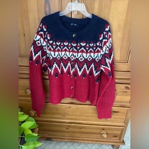 Gap Women’s LT Brushed Fair Isle Cropped Cardigan Red Navy Fuzzy Cozy Wool Blend